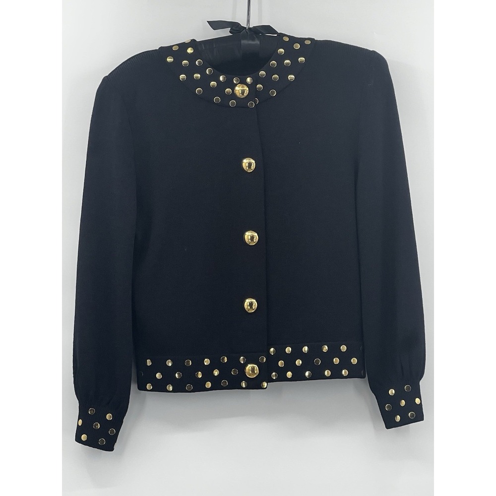 St John By Marie Gray Knit Sweater Snap Jacket Black Sz 8 Medium Gold Buttons